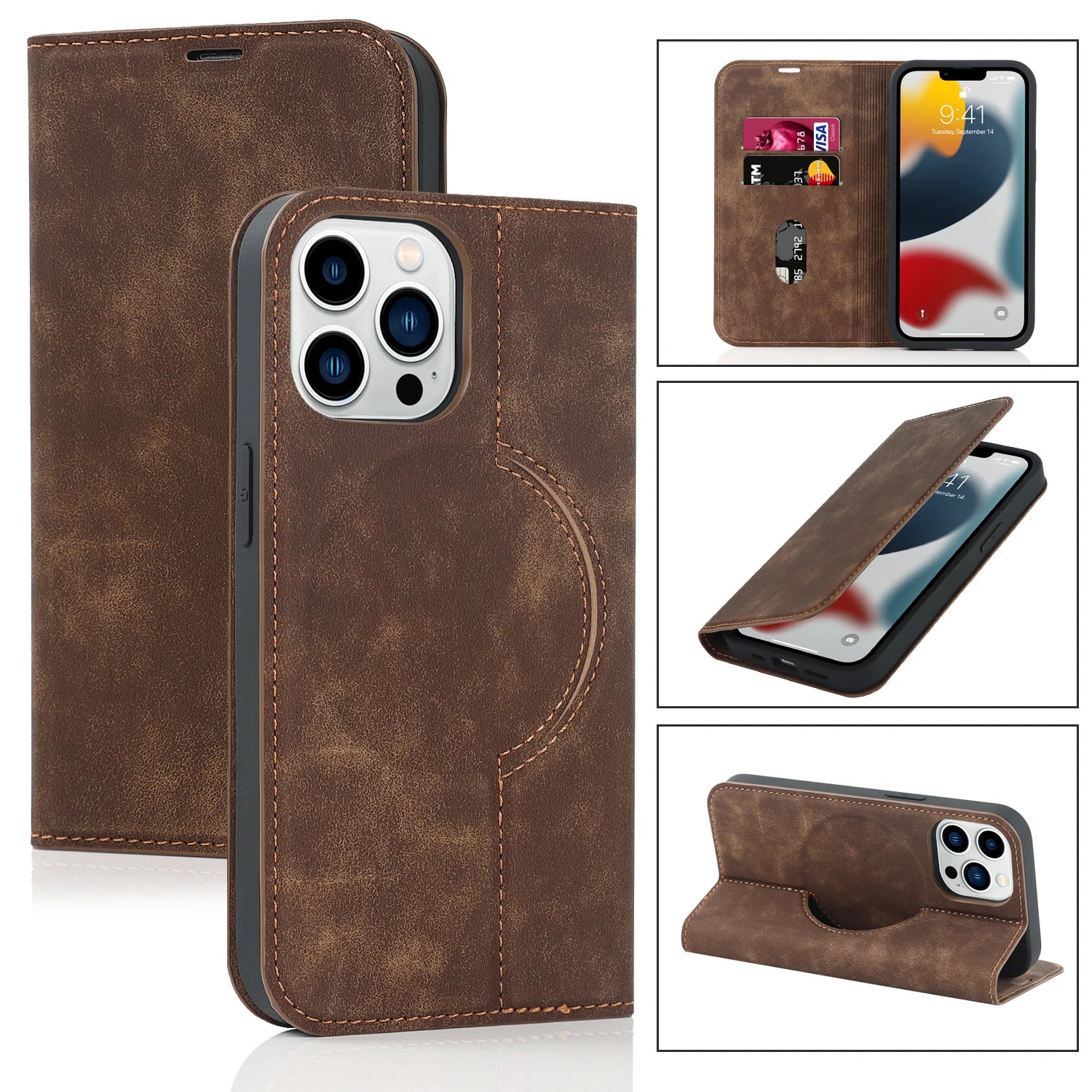 Luxury Magnetic Leather Wallet Case – MagSafe Wireless Charging, Card Slot, Stand Feature, Premium Protection, Stylish & Durable Cover