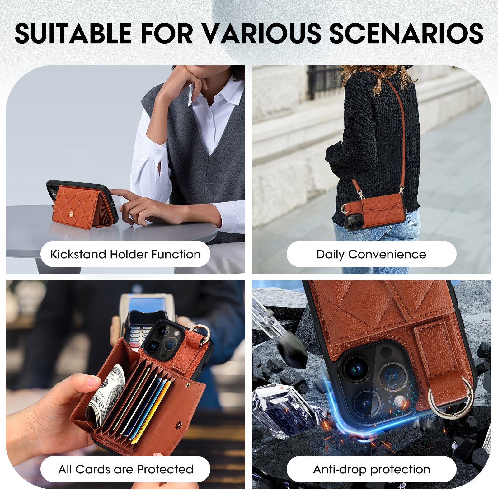 Luxury Crossbody Wallet Phone Case – Cute Flip Leather Cover, Card Holder, Necklace Strap, Kickstand, Shockproof Protection for iPhone