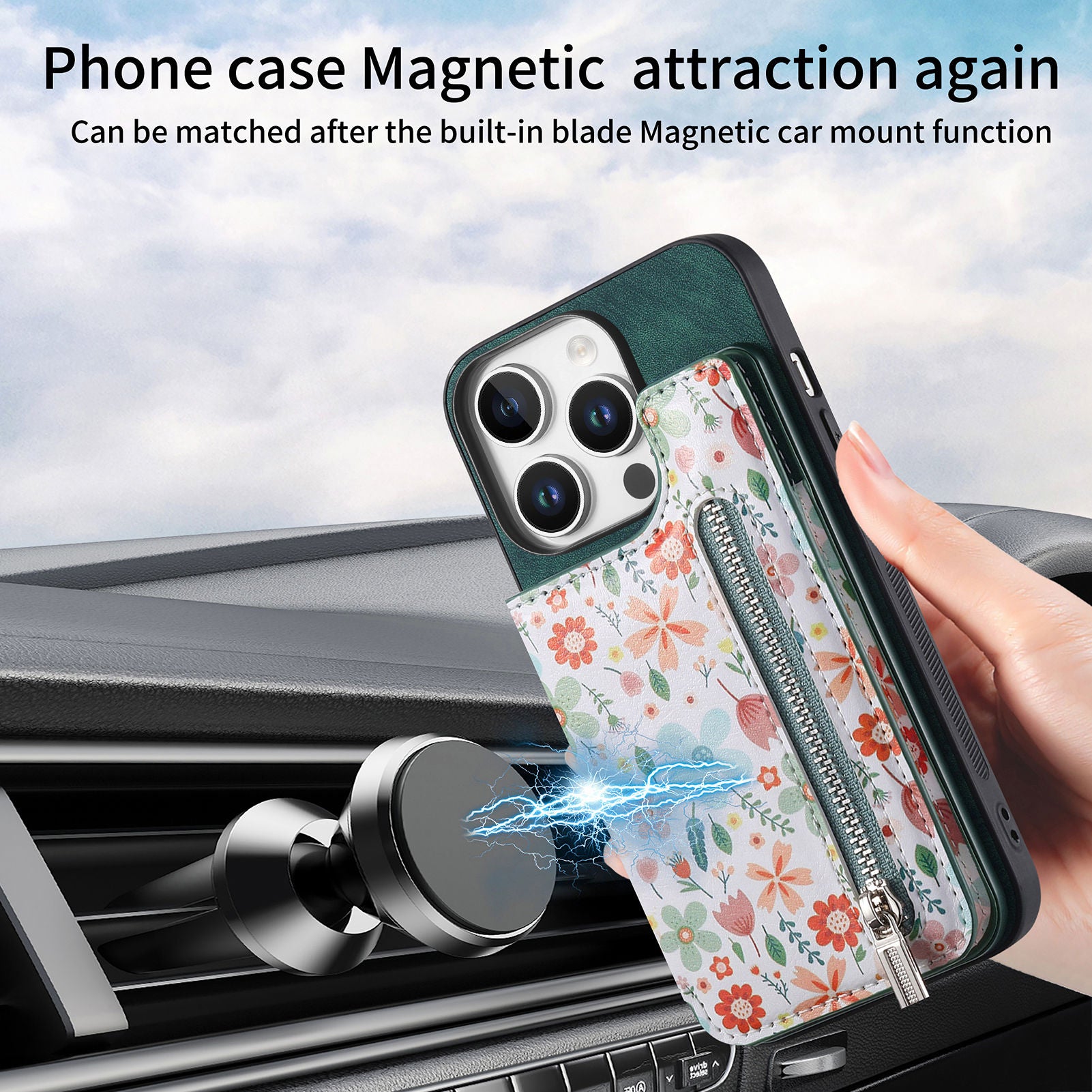 Zipper Card Slot Wallet Case – Magnetic Closure, Purse Pocket, Floral Design, Shockproof Protective Cover for iPhone