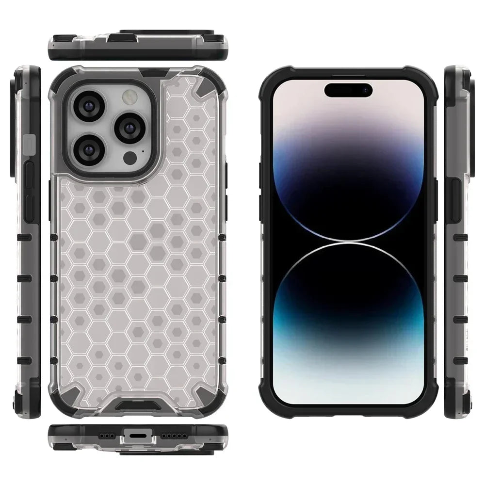 KEYSION Shockproof Armor Case – Soft Silicone + PC Transparent Honeycomb Back Cover for iPhone Models, Durable and Protective Design