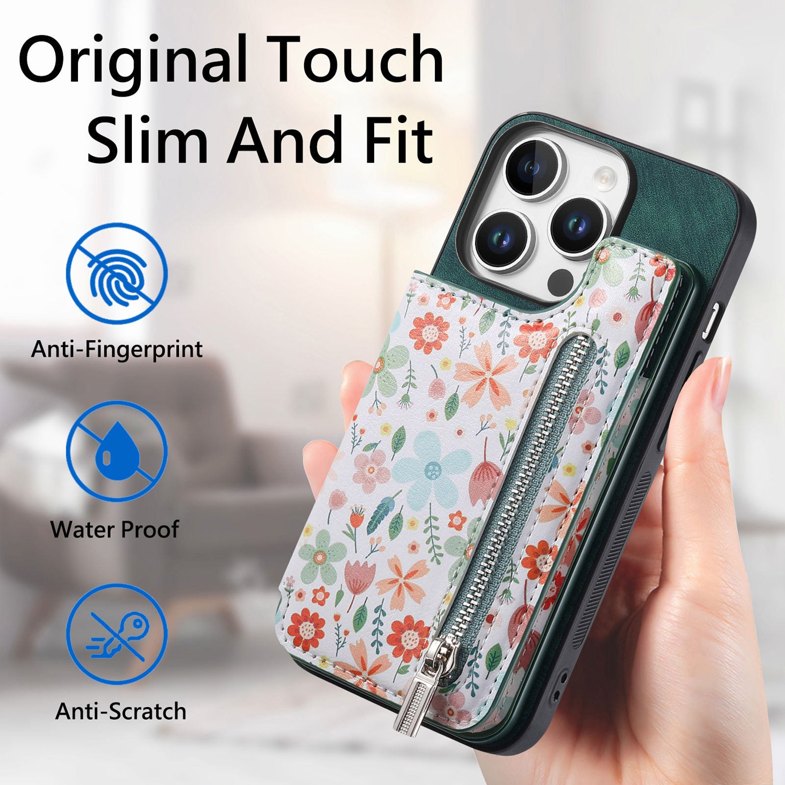 Zipper Card Slot Wallet Case – Magnetic Closure, Purse Pocket, Floral Design, Shockproof Protective Cover for iPhone