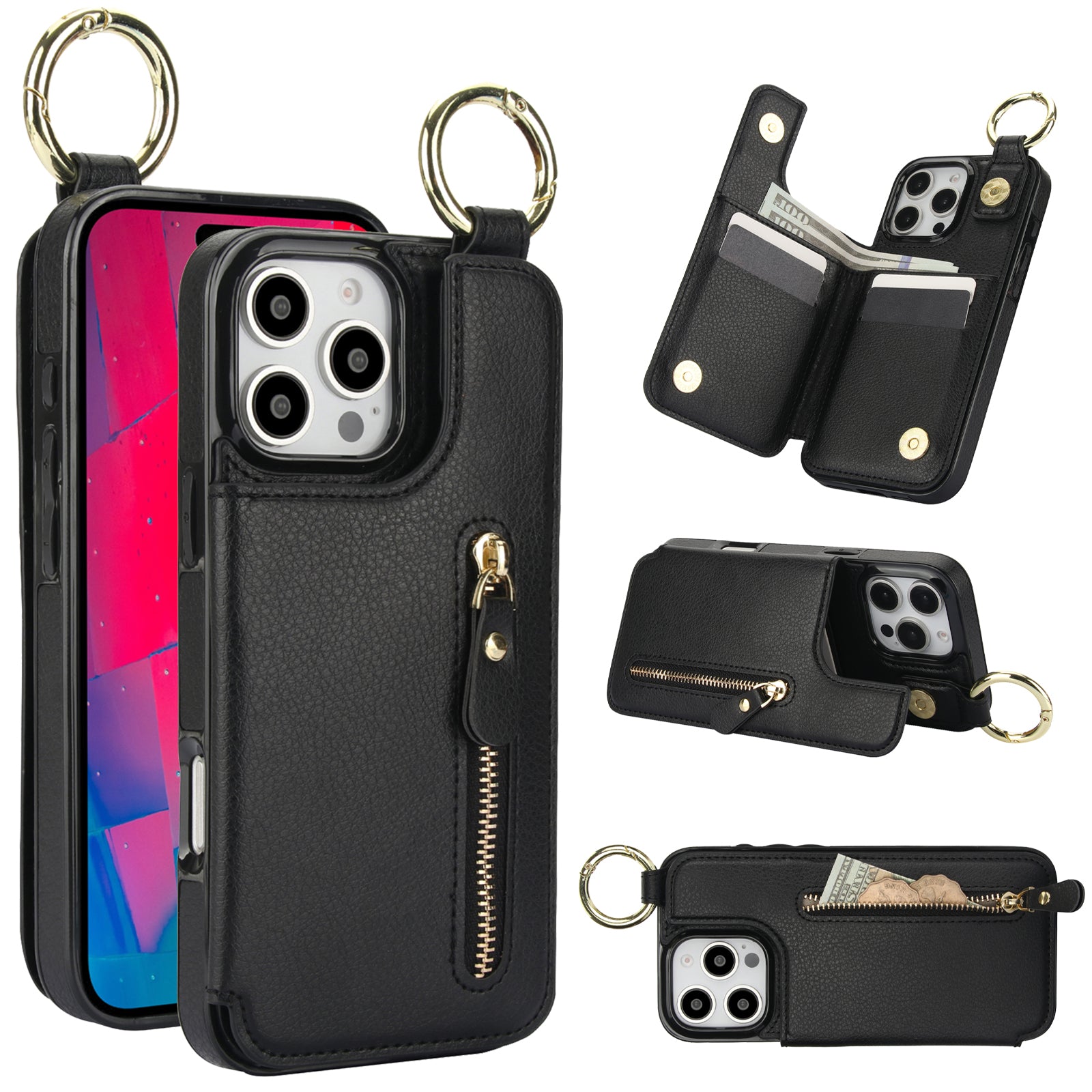 Luxury Zipper Wallet Leather Phone Case – Card Holder, Ring Stand, Shockproof Protection, and Crossbody Design for Secure & Stylish Convenience