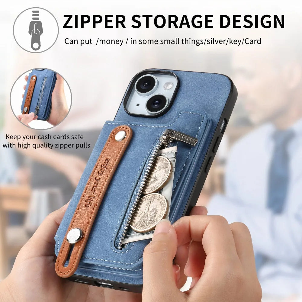 Luxury Detachable Zipper Wallet iPhone Case – Magnetic Flip Cover with Card Slots, Wrist Strap, and Full Protection for Ultimate Convenience