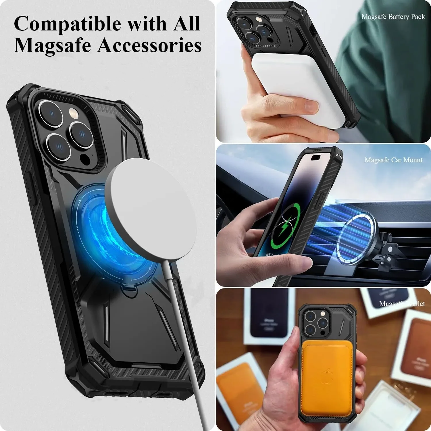 Magnetic MagSafe Heavy-Duty iPhone Case – Shock Absorption Full-Body Protection with Rotatable Kickstand for iPhone Models