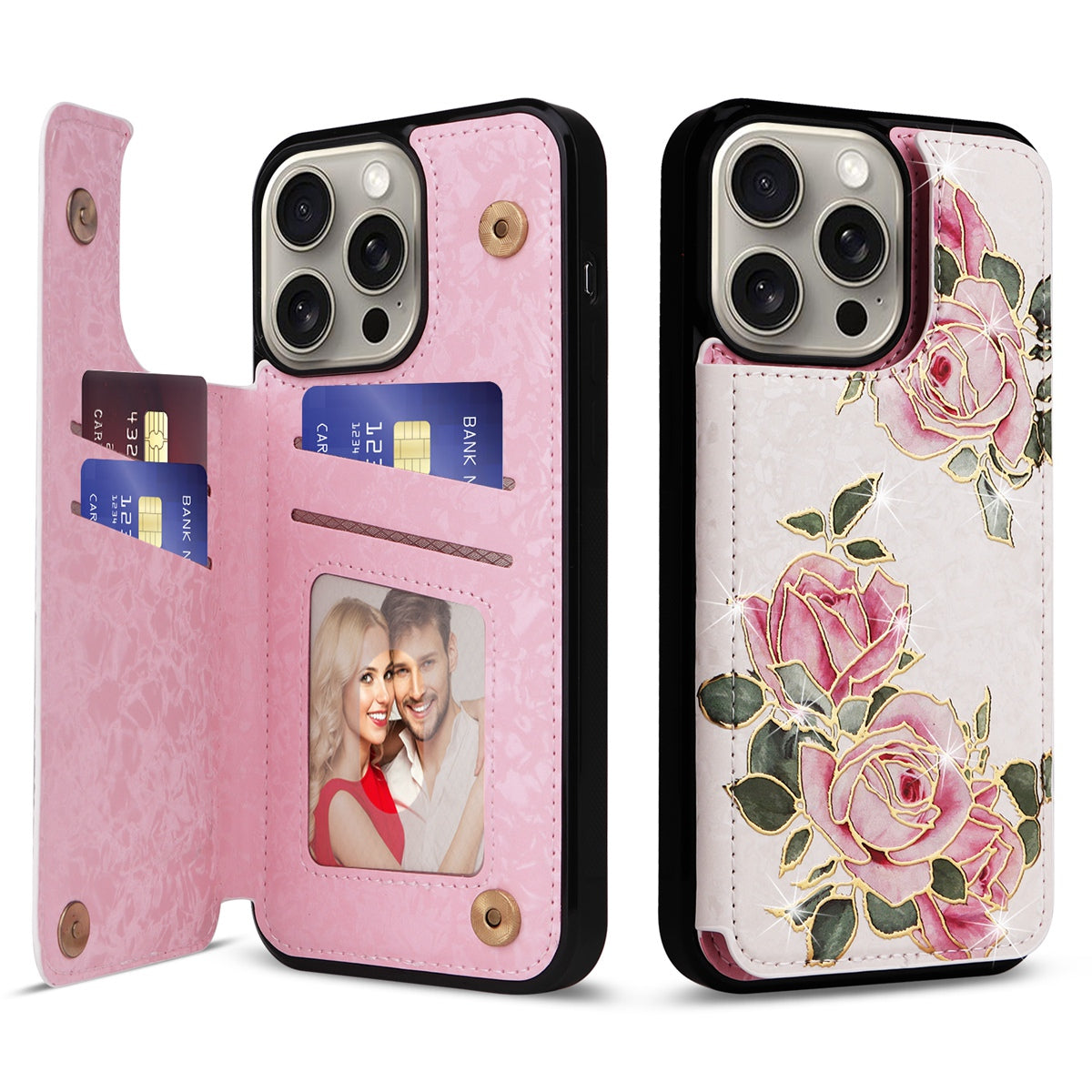 Hot Stamped Floral Wallet Case – Card Slots, Flip Cover, Magnetic Closure, Elegant Leather Design, Shockproof Protection for iPhone