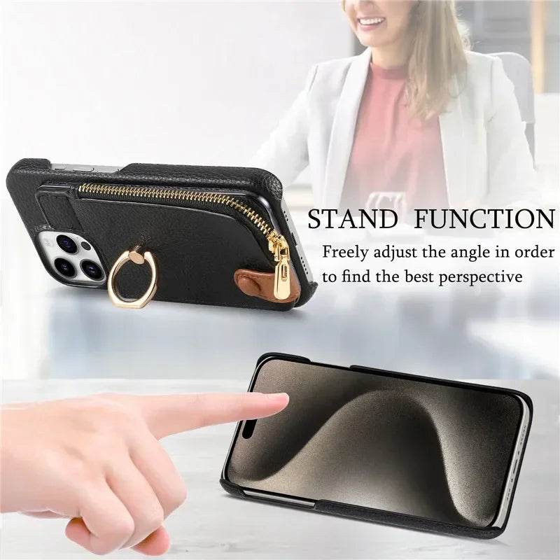 Luxury Leather Zipper Wallet Phone Case – Card Holder, Ring Kickstand, Shockproof Cover for iPhone Models