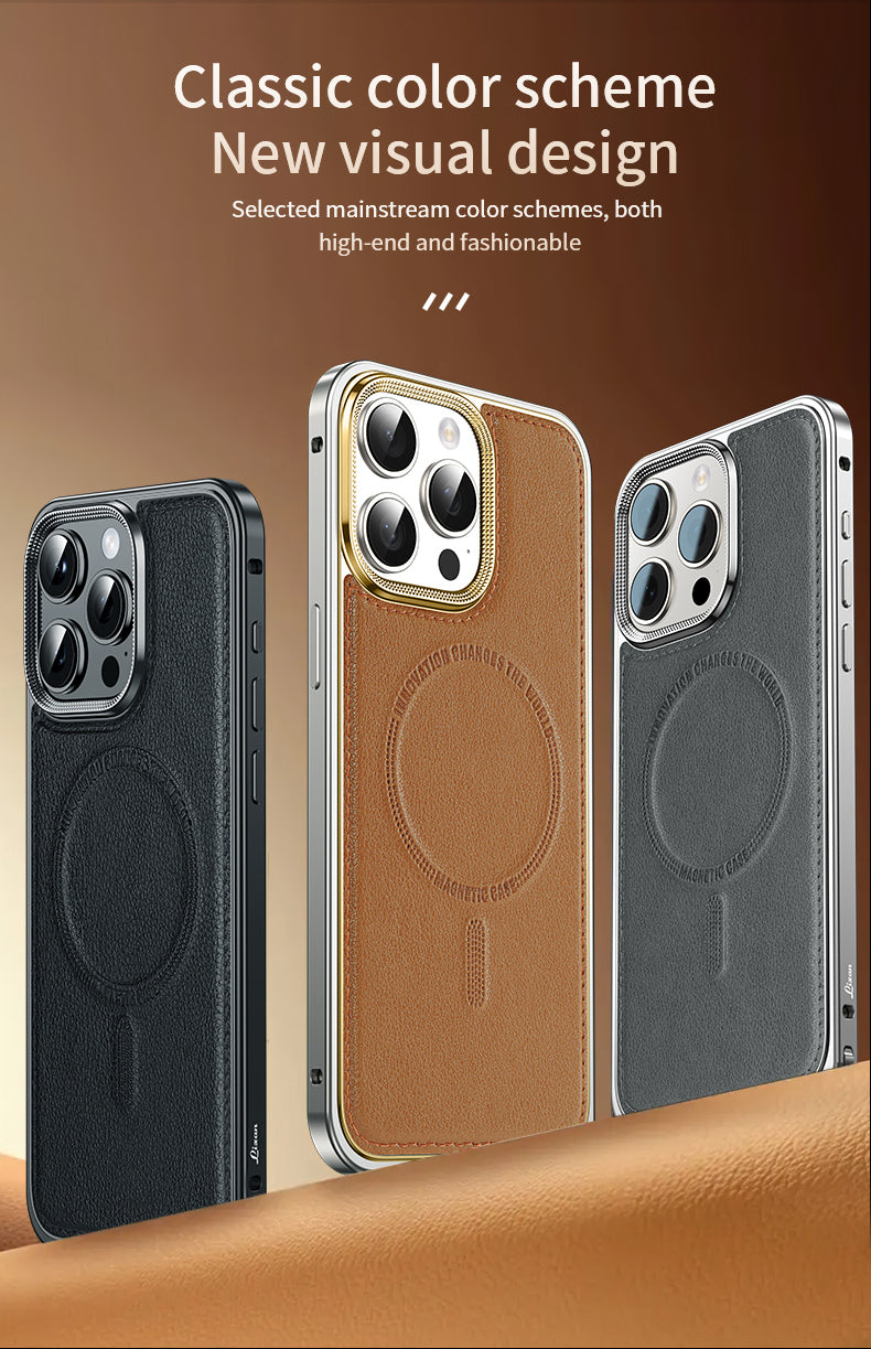 Luxury Leather MagSafe Phone Case Aluminum Alloy Frame with Leather Backplate Shockproof and Stylish Design for iPhone Models