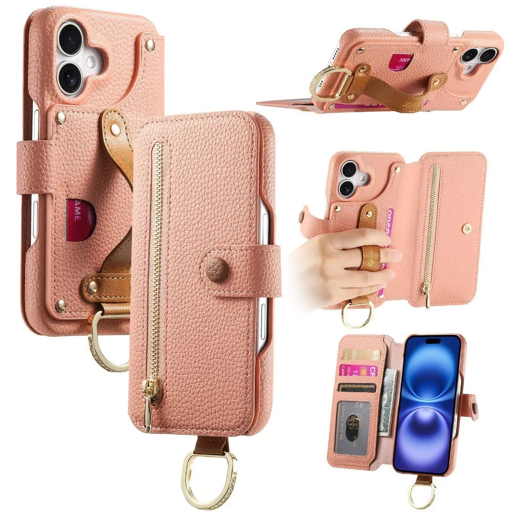 Luxury Wallet Flip Phone Case – Card Slot Holder, Wrist Strap, Ring Kickstand, Shockproof Cover for iPhone Models