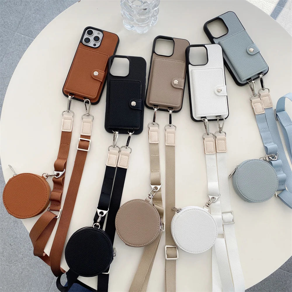 Luxury Crossbody Wallet Card Slot Coin Purse for iPhone 16, 15 Plus, 14, 13, 12, 11, 7, 8 Pro Max – Leather Lanyard Protective Phone Case Cover