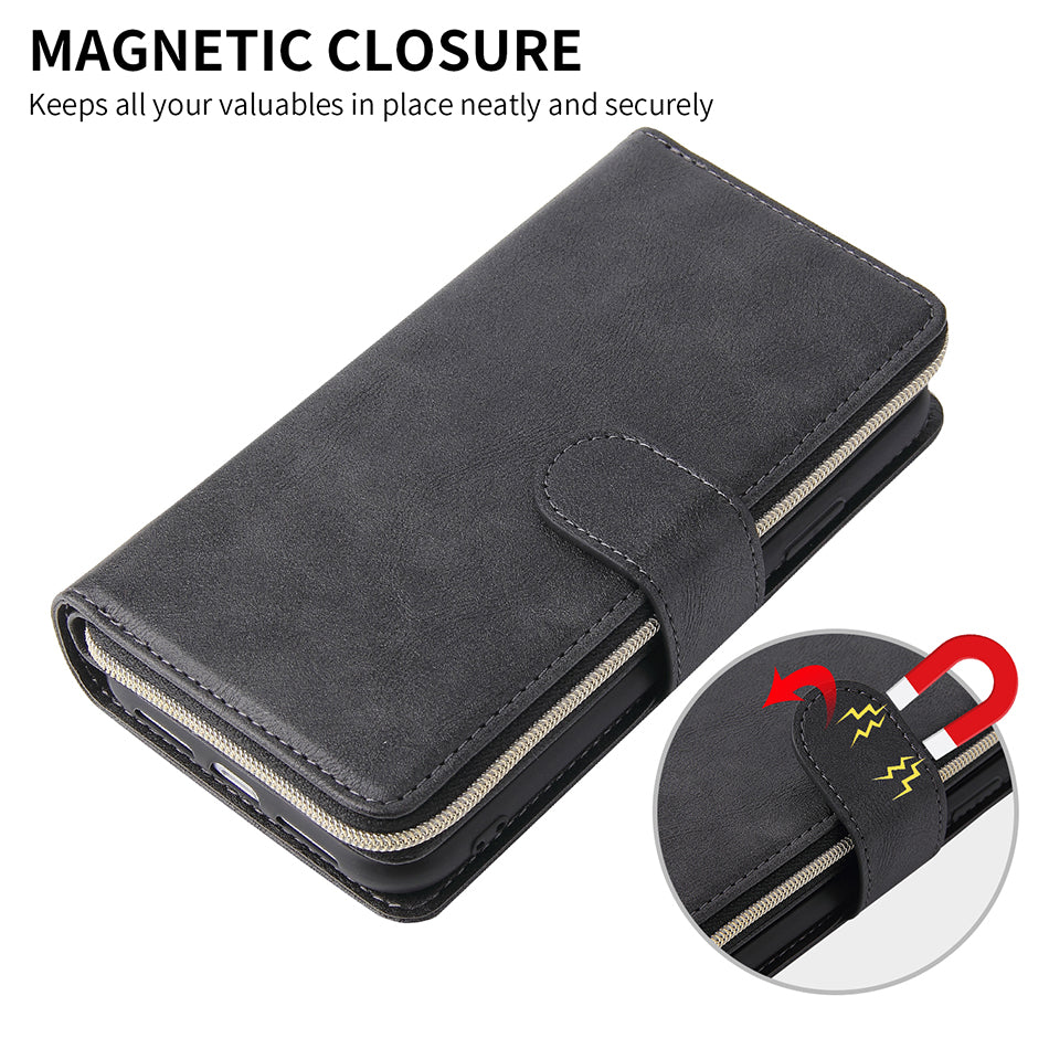 Premium 9 Card Slots Leather Wallet Case – Durable Zipper Flip Cover, Magnetic Stand, Shockproof Protection, Multi-Card Holder for iPhone