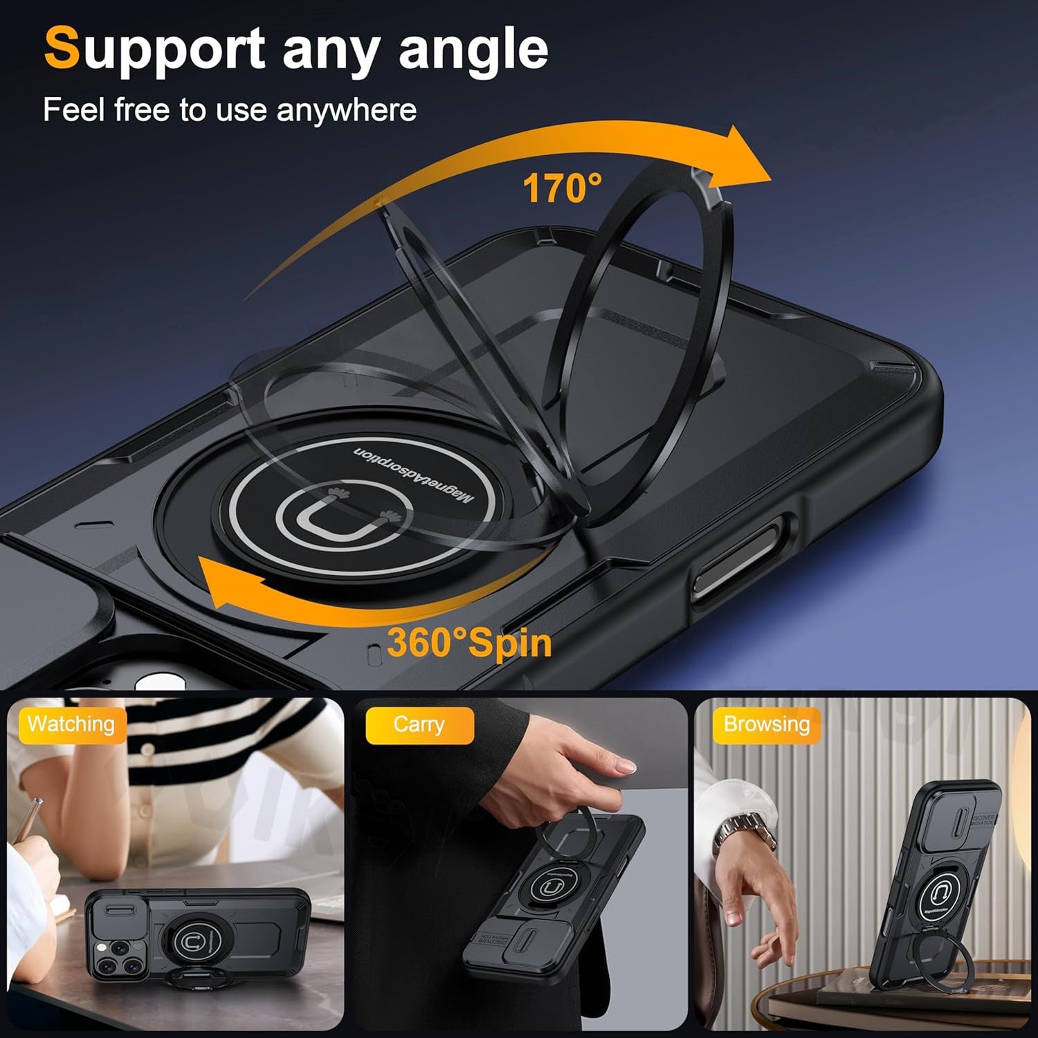 Slide Camera Ring Stand Armor Case – Anti-Fall Protection Kickstand Cover for iPhone Models