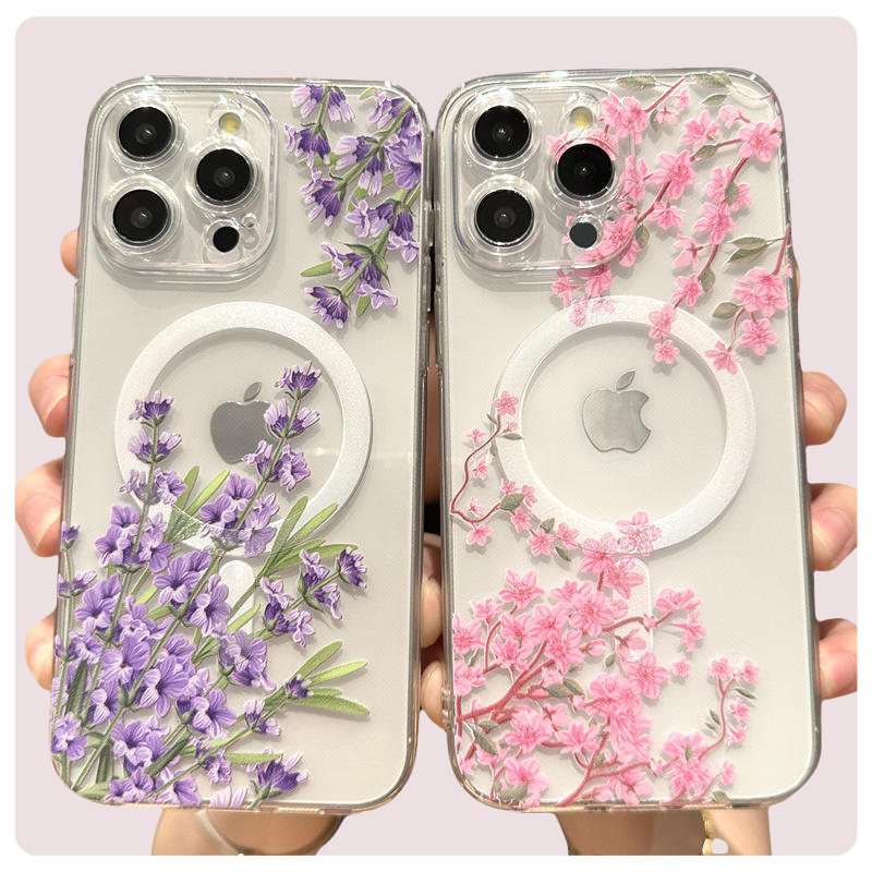 Transparent Floral MagSafe Case - Clear Shockproof Phone Cover with Magnetic Wireless Charging Compatibility Case for iPhone