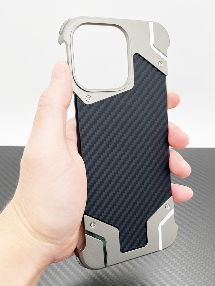 Carbon Fiber Metal Armor Case – Frameless Shockproof Cover with Built-In Invisible Magnetic Design for iPhone Models