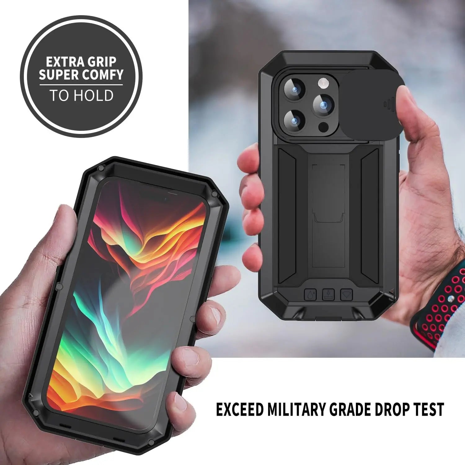 Military Heavy-Duty Metal Case – Full-Body Hybrid Cover with Slide Camera Protection & Built-in Screen Protector for iPhone Models