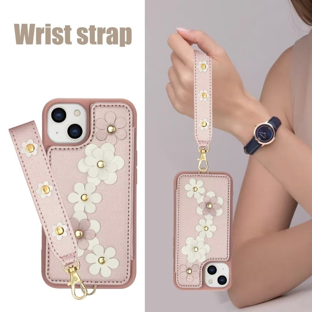 Luxury Crossbody Wallet Leather Phone Case – 3D Flower Design, Card Slot, Wrist Strap, Magnetic Closure, Protective Cover