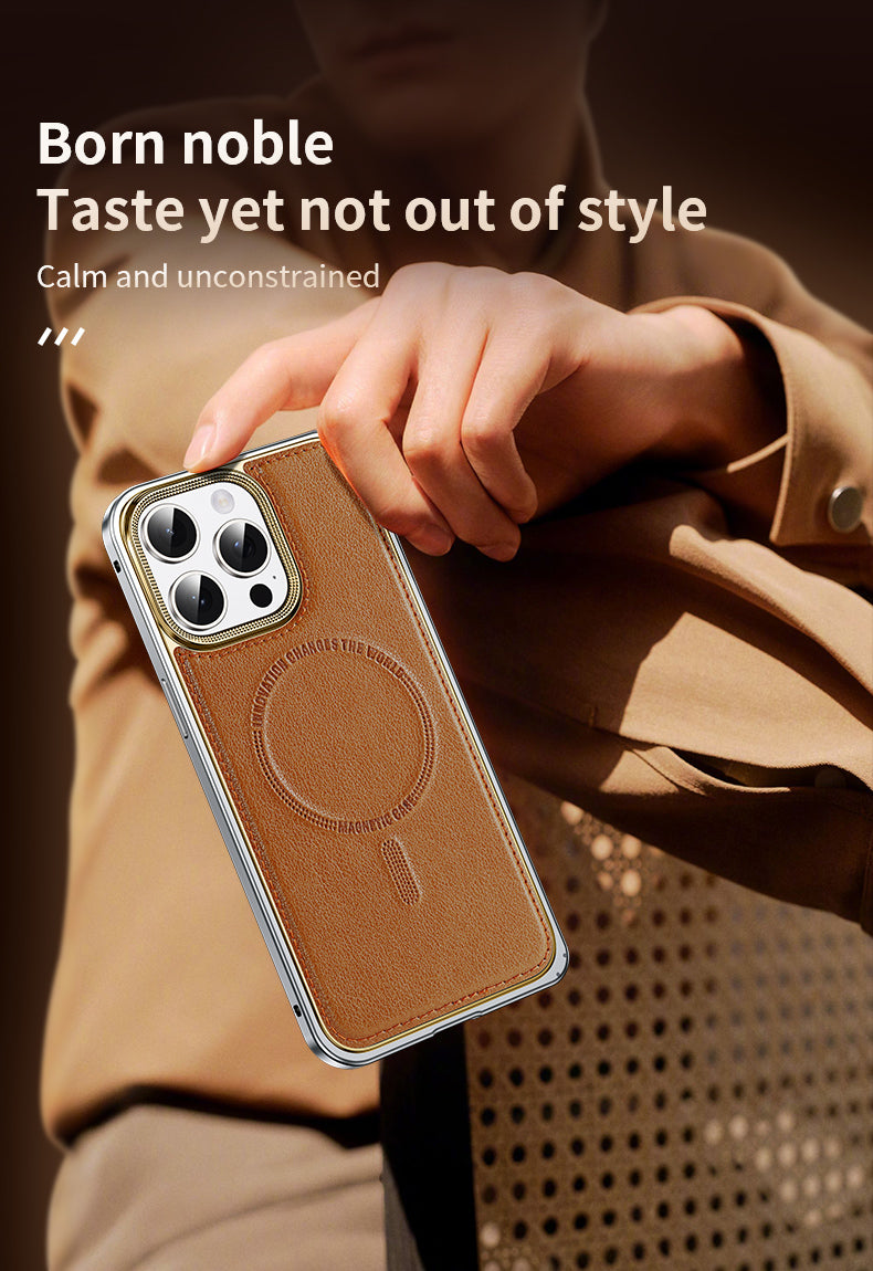 Luxury Leather MagSafe Phone Case Aluminum Alloy Frame with Leather Backplate Shockproof and Stylish Design for iPhone Models