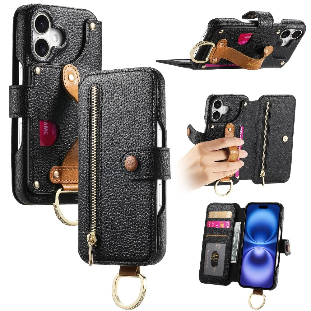 Luxury Wallet Flip Phone Case – Card Slot Holder, Wrist Strap, Ring Kickstand, Shockproof Cover for iPhone Models