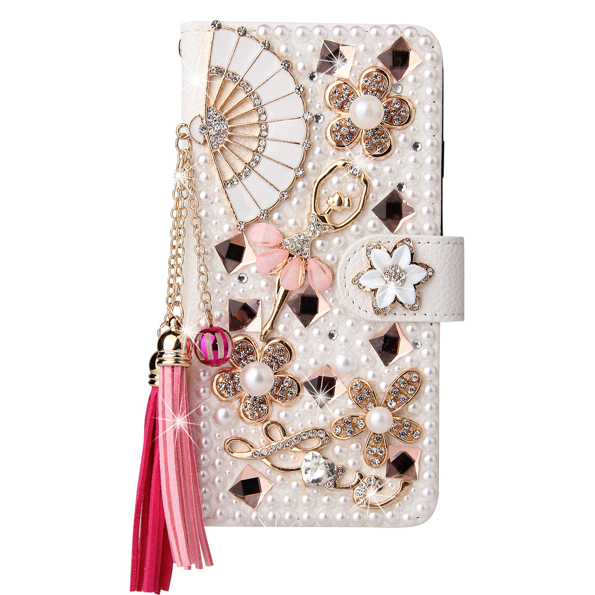 Luxury Bling Diamond Lipstick Wallet iPhone Case Flip Leather Cover with Card Slots, Rhinestone Design, Shockproof Protection