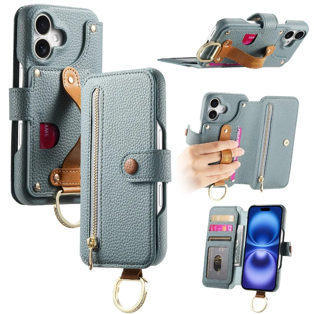 Luxury Wallet Flip Phone Case – Card Slot Holder, Wrist Strap, Ring Kickstand, Shockproof Cover for iPhone Models