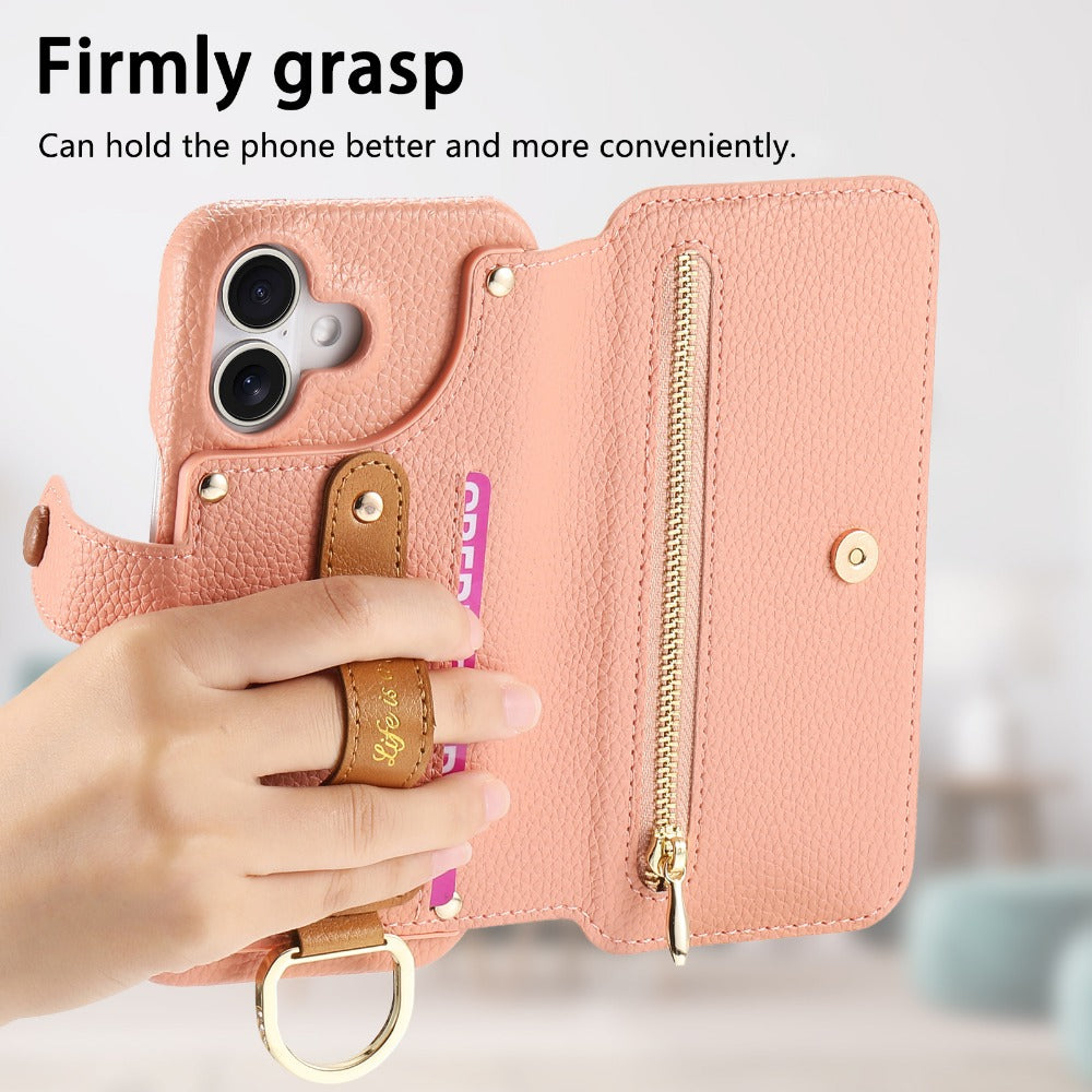 Luxury Wallet Flip iPhone Case – Card Slot Holder, Wrist Strap, Ring Kickstand, Shockproof Cover for iPhone Models