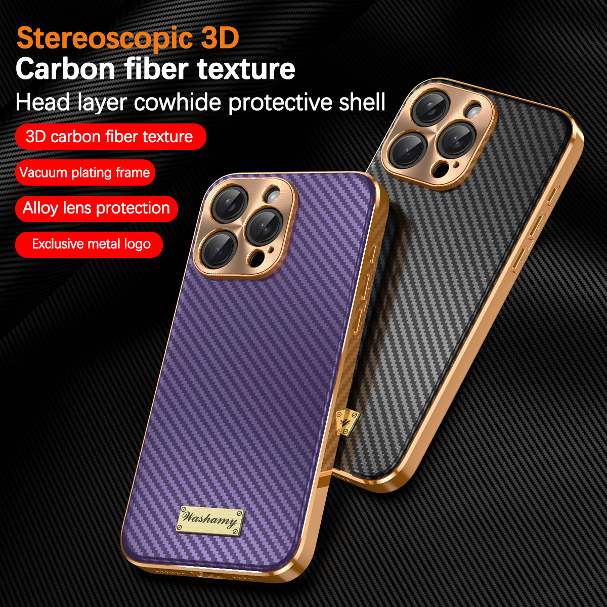 Luxury Carbon Fiber Textured Leather iPhone Case - Shockproof, Alloy Metal Lens, Plating Design, Durable, Slim Fit Protection