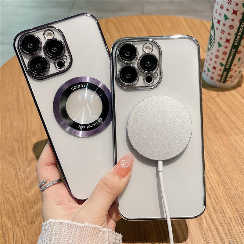 Luxury Plating Clear Case - Logo Hole Design, MagSafe Compatible, Magnetic Wireless Charging Back Cover | Case for iPhone