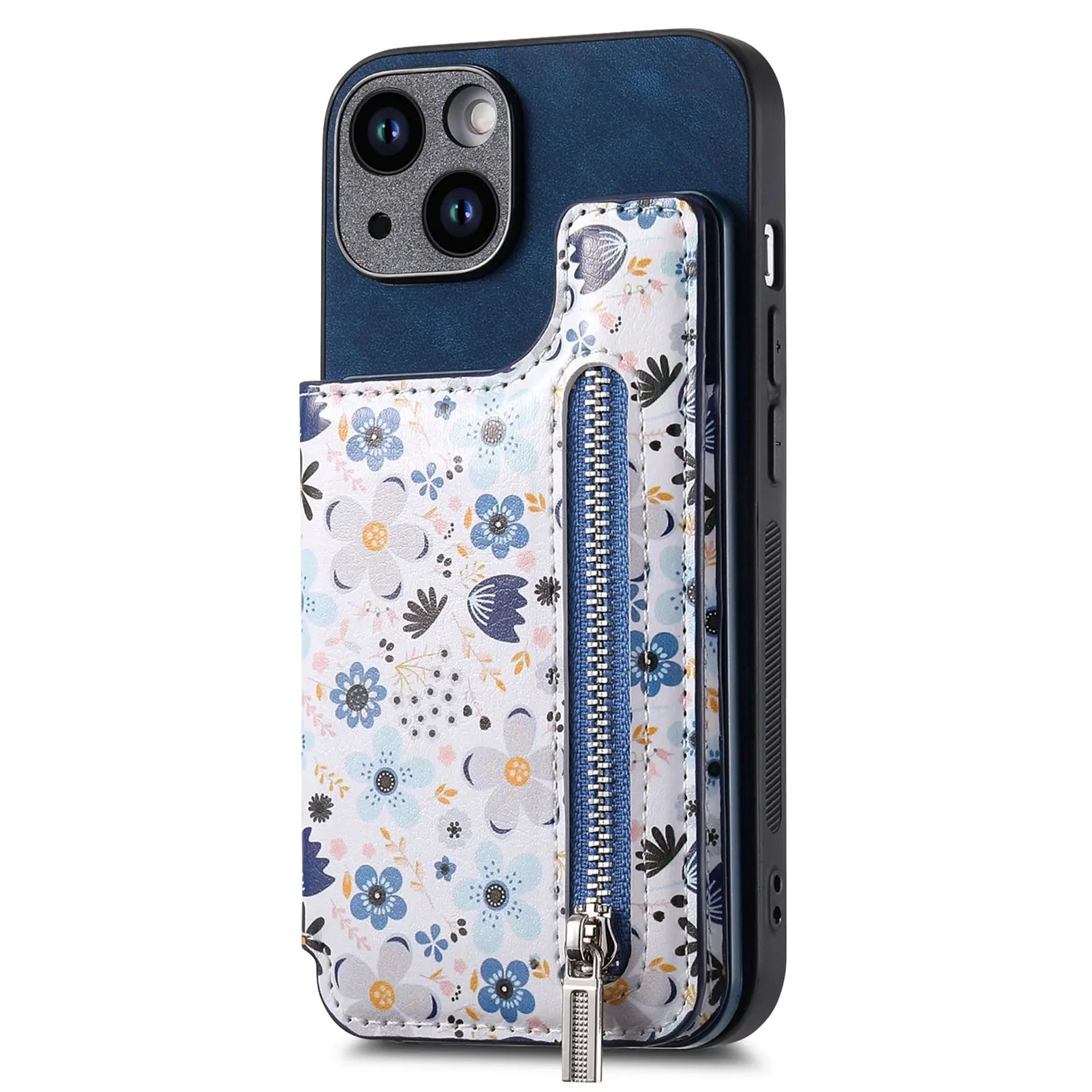 Zipper Card Slot Wallet Case – Magnetic Closure, Purse Pocket, Floral Design, Shockproof Protective Cover for iPhone