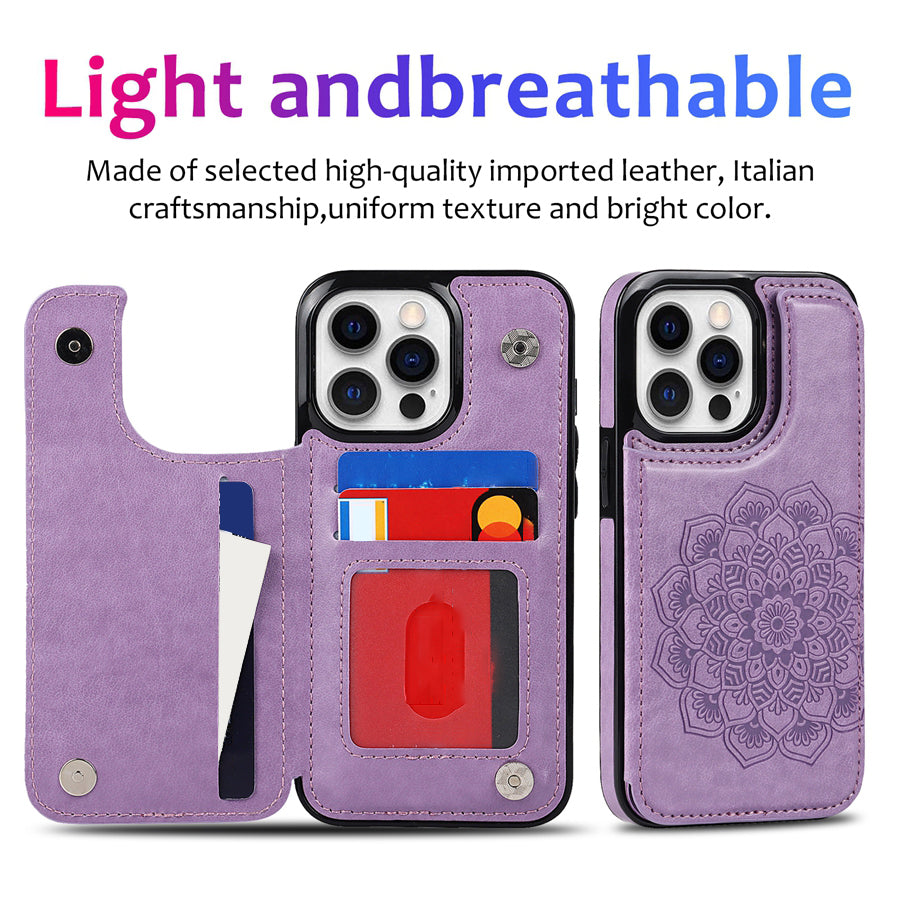 Luxury Wallet Datura Double Buckle Leather Case for iPhone – Magnetic Flip with Card Slot, Protective Cover for iPhone 16 Pro Max, 15 Plus, 14, 13, 12, 11, SE 2, X, XS, XR