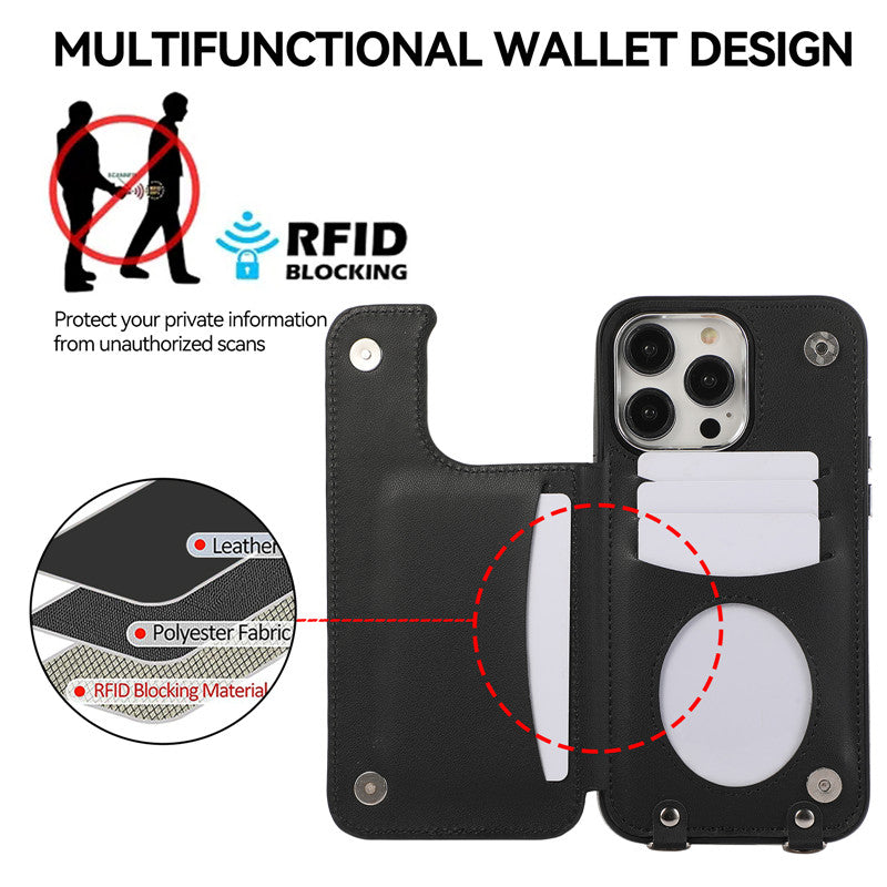 Luxury Crossbody RFID Leather Wallet Phone Case – Card Slot, Ring Holder, Double Buckle, Lanyard Bag Cover, Magnetic Closure