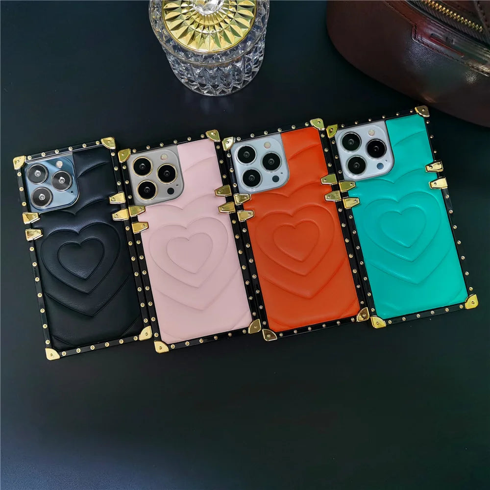 Luxury 3D Love Heart Soft PU Leather Case Shockproof Phone Cover for iPhone 15, 13 Pro Max, 12, 11 Pro, 14 Pro Max XR, XS Max