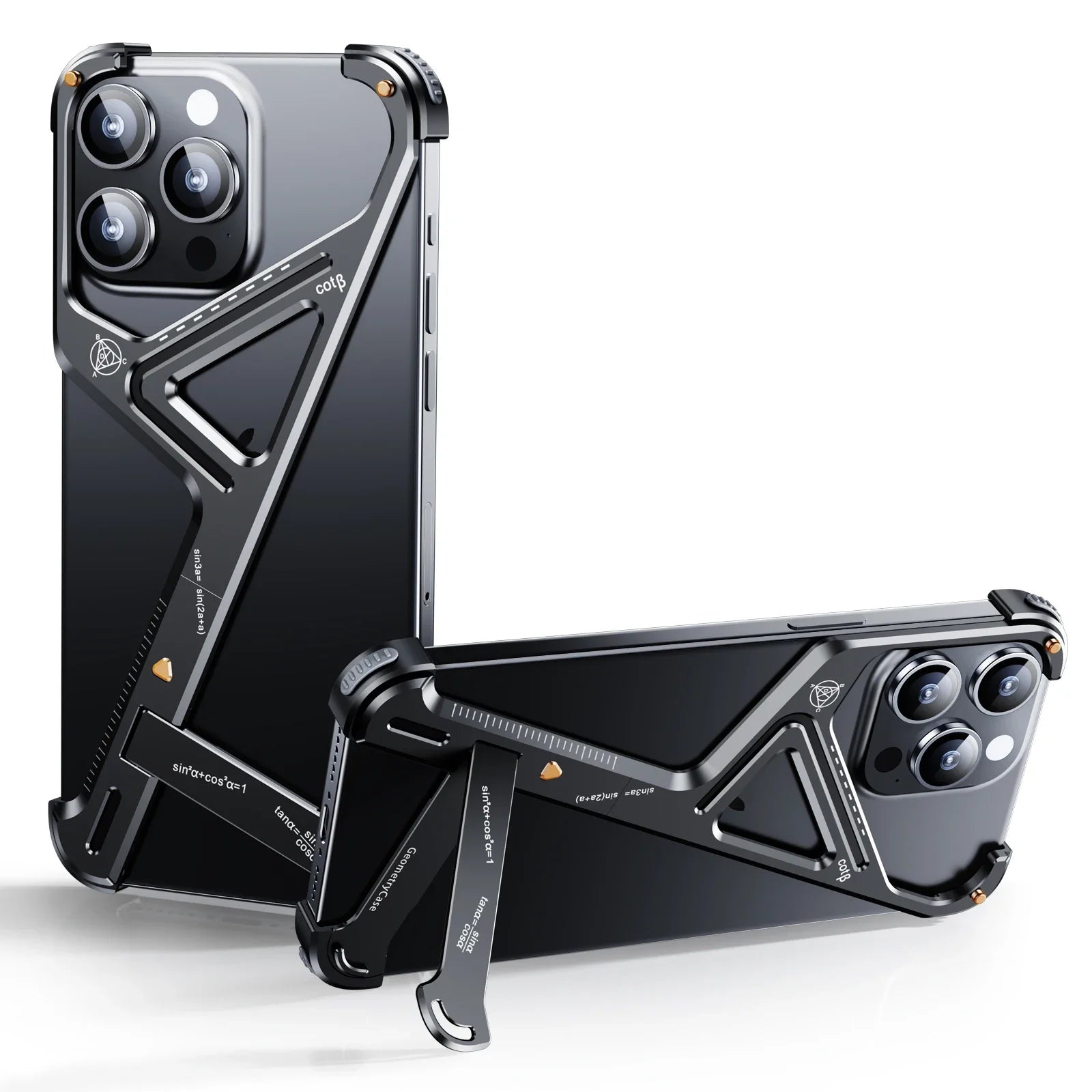 Luxury Geometric Metal Phone Case – Aluminum Alloy Shockproof Cover with Removable Stand for iPhone Models, Stylish and Durable Design