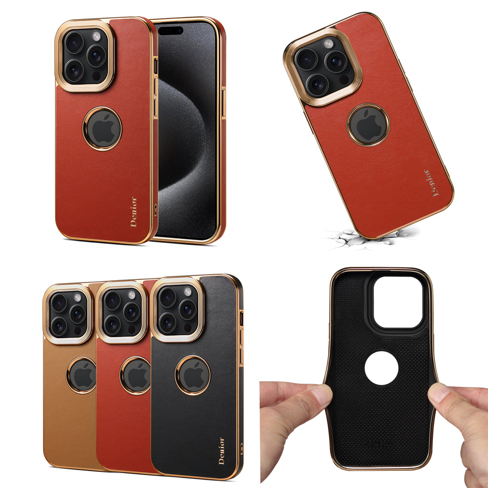 Luxury Business Cowhide Leather Case – Plating Shockproof Cover for iPhone Models, Sleek and Durable Design