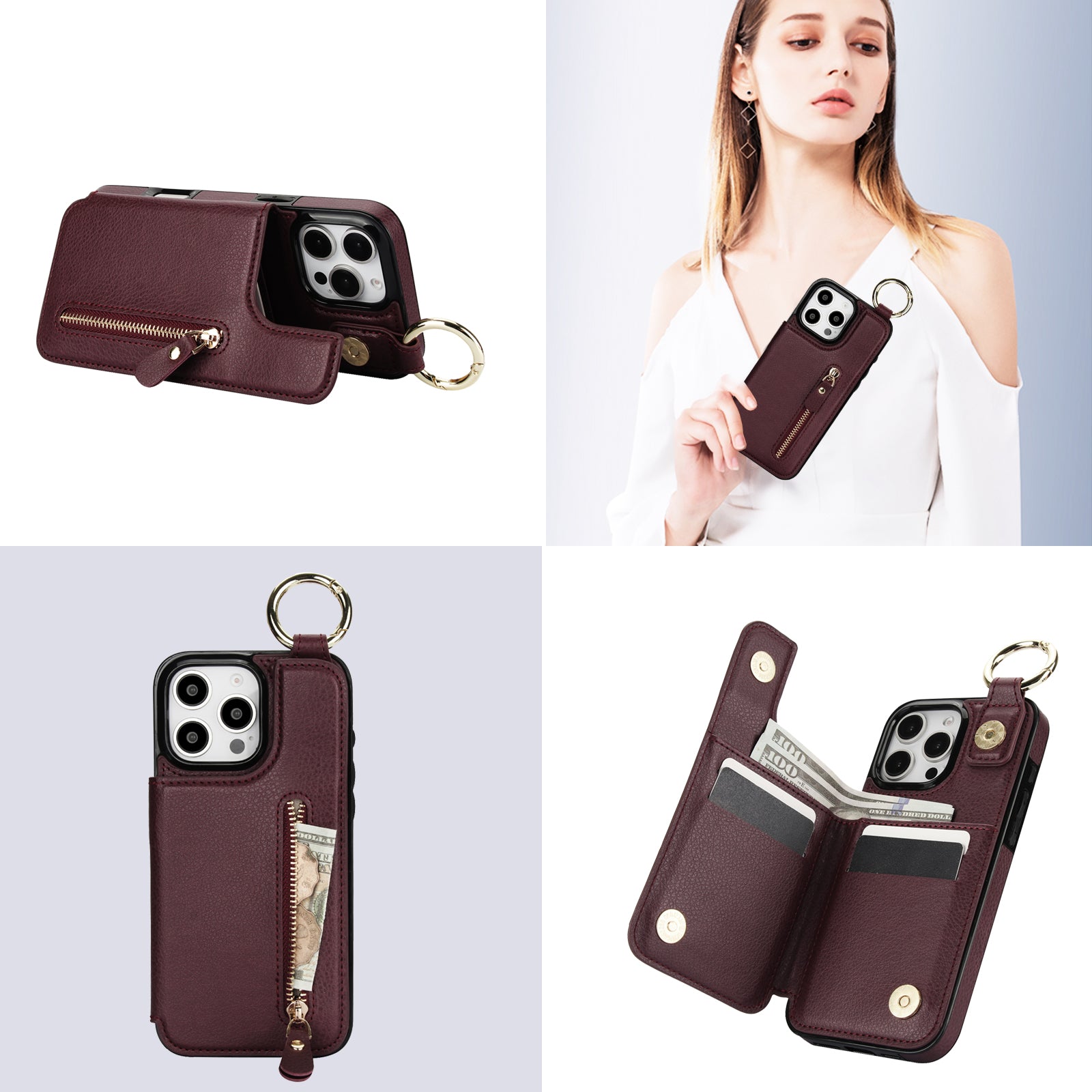 Luxury Zipper Wallet Leather iPhone Case – Card Holder, Ring Stand, Shockproof Protection, and Crossbody Design for Secure & Stylish Convenience