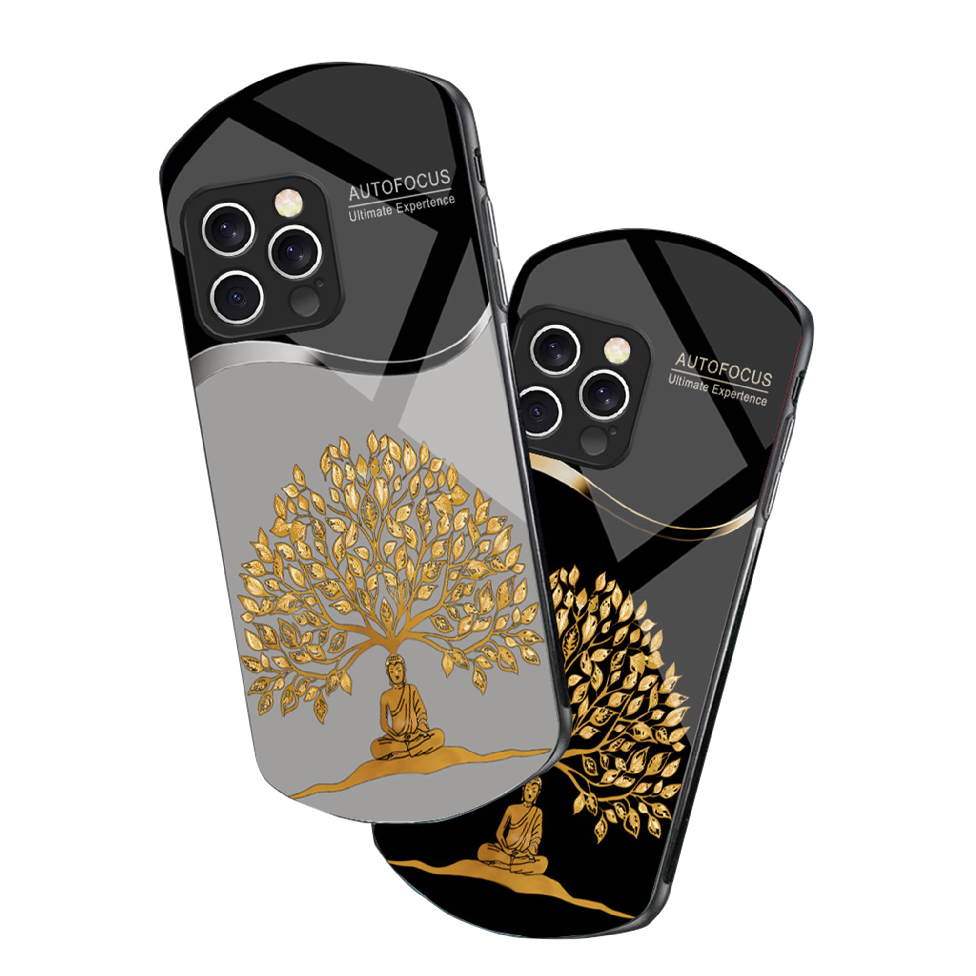 Golden Wealth Tree Phone Case – Elegant Tempered Glass for iPhone Models, Durable Protection, Stylish Elliptical Design