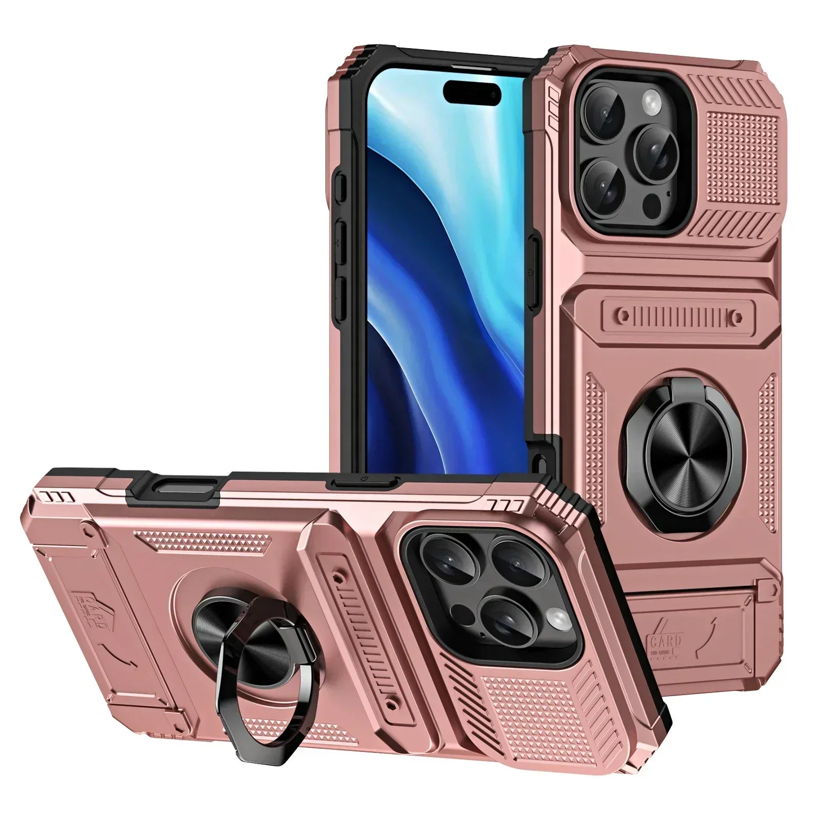 Magnetic Card Holder Case – Rotating Ring Kickstand, Heavy-Duty Shockproof Wallet Cover for iPhone Models