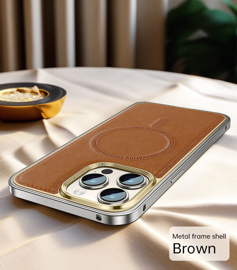 Luxury Leather MagSafe Phone Case Aluminum Alloy Frame with Leather Backplate Shockproof and Stylish Design for iPhone Models