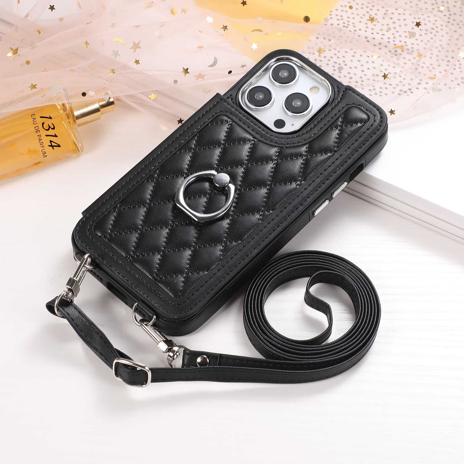 Luxury Crossbody RFID Leather Wallet Phone Case – Card Slot, Ring Holder, Double Buckle, Lanyard Bag Cover, Magnetic Closure