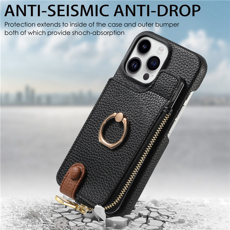 Luxury Leather Zipper Wallet Phone Case – Card Holder, Ring Kickstand, Shockproof Cover for iPhone Models