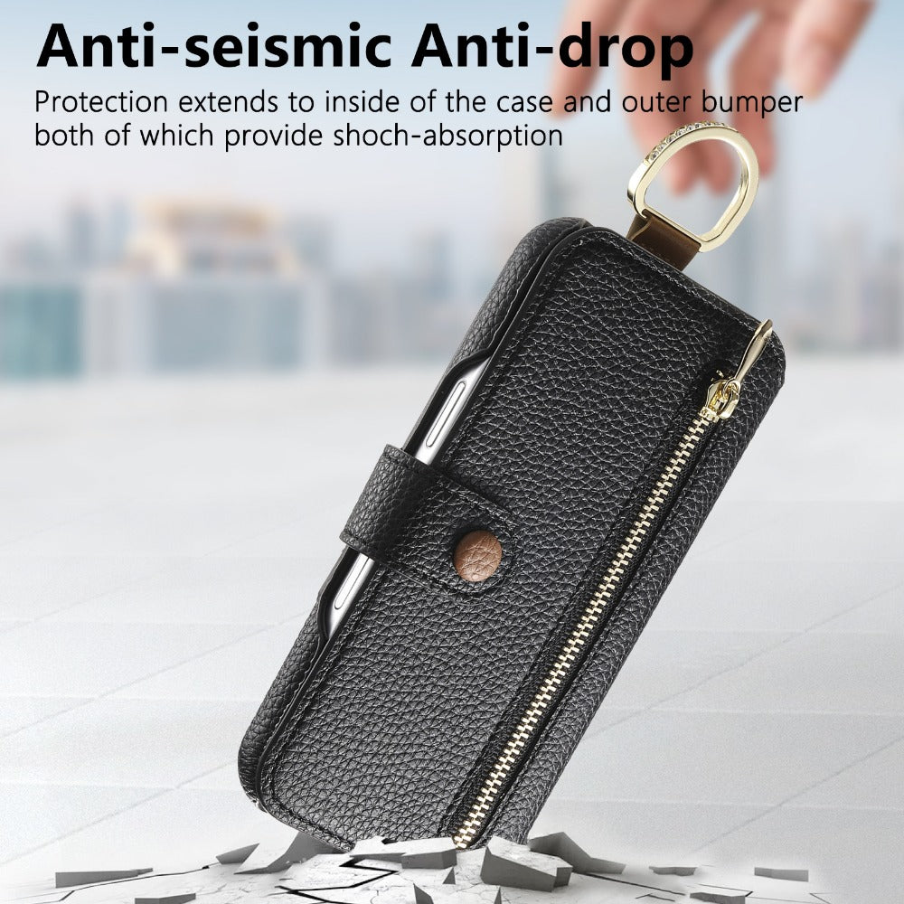 Luxury Wallet Flip Phone Case – Card Slot Holder, Wrist Strap, Ring Kickstand, Shockproof Cover for iPhone Models