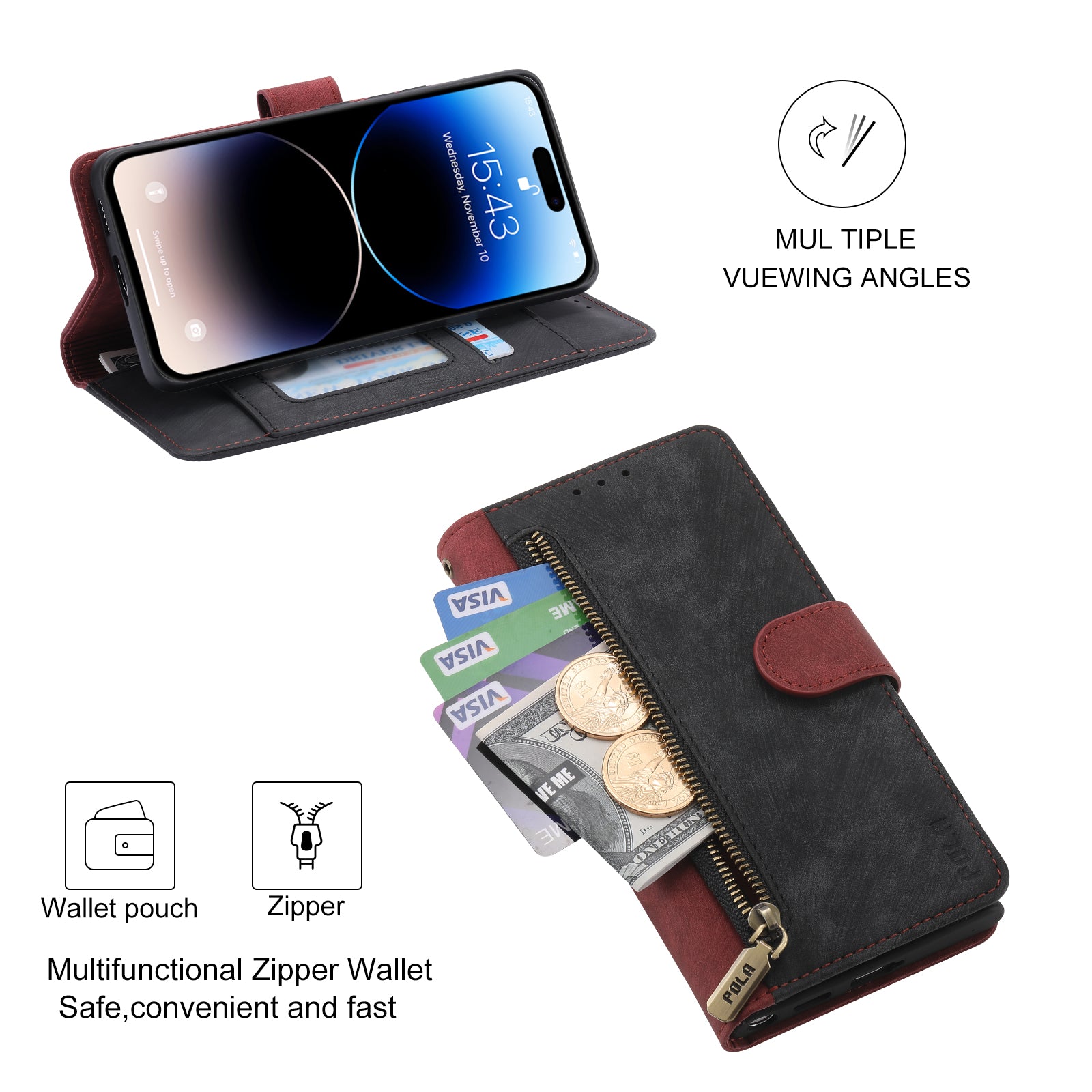 RFID Blocking Leather Wallet Case – Zipper Flip Cover, Card Slot Holder, Magnetic Stand, Shockproof Protection, Premium Design for iPhone