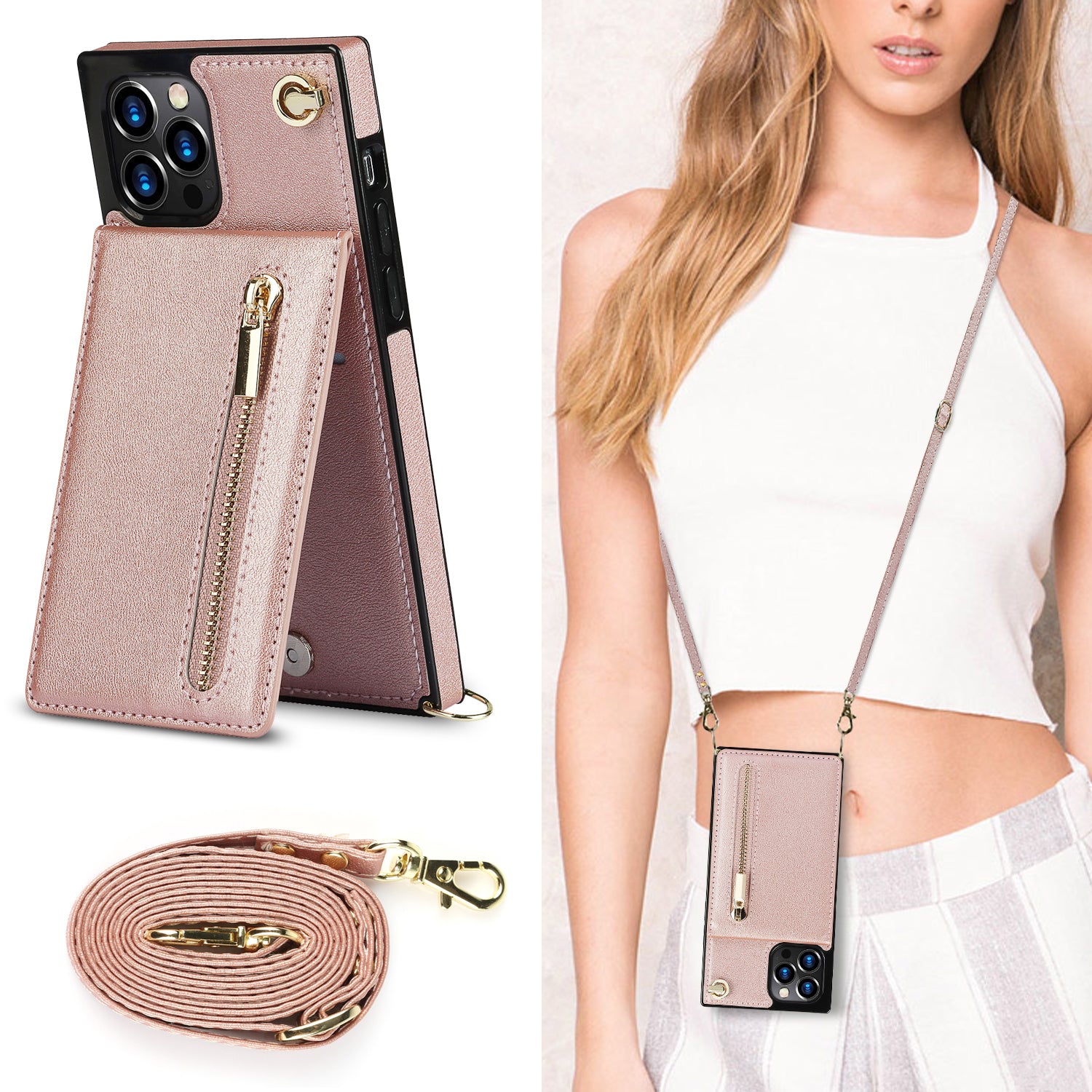 Luxury Zipper Wallet Crossbody Leather Case – Card Holder, Lanyard Strap, Shockproof Protection, Magnetic Closure, Stylish Flip Cover for iPhone