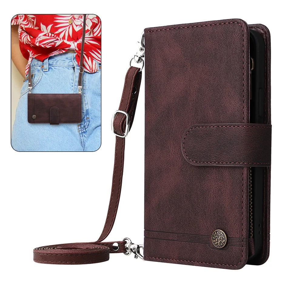 Premium Retro Flip Leather Case – Zipper Wallet, Multi-Card Slots, Necklace Lanyard, Magnetic Closure, Shockproof Protection for iPhone