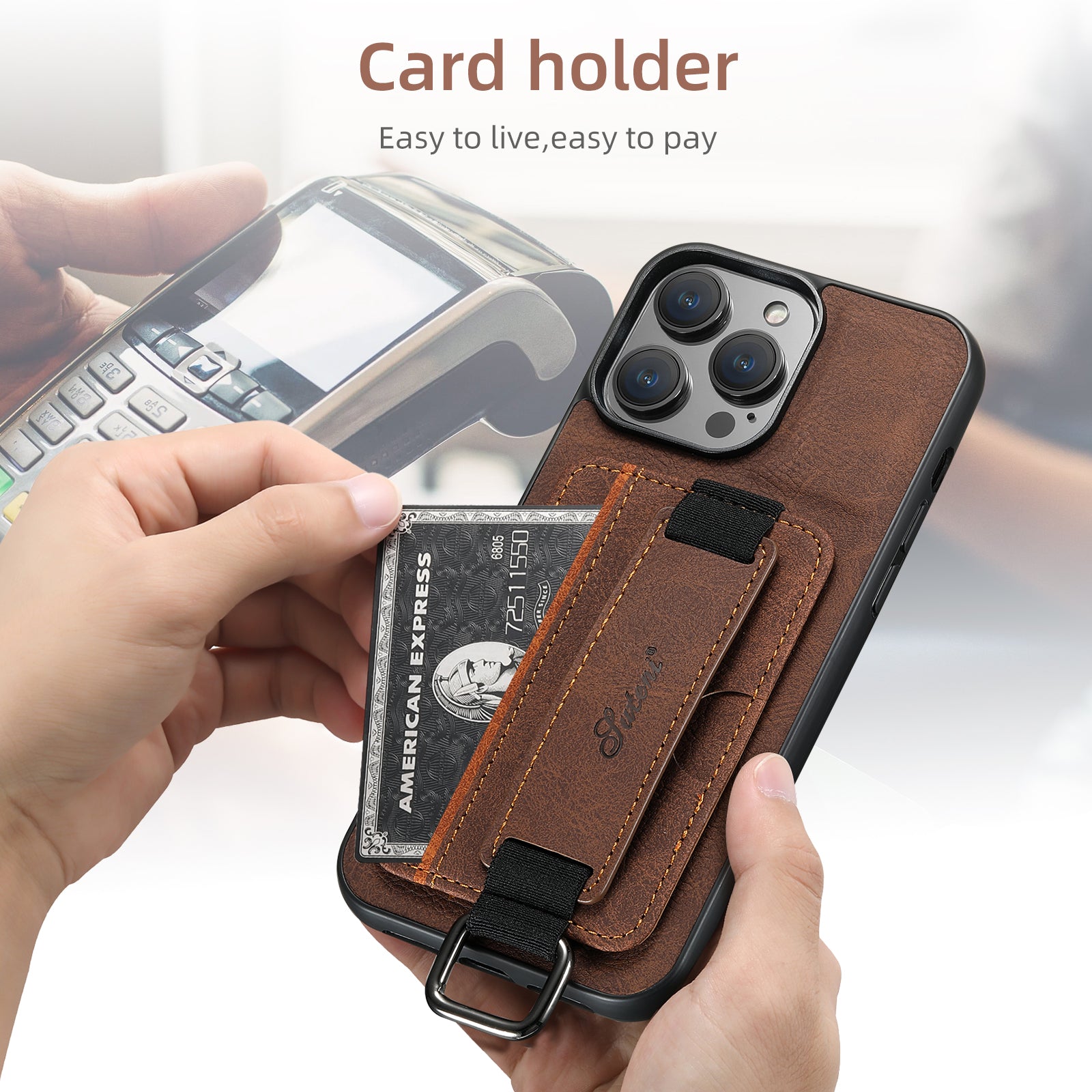 Luxury Leather Card Holder iPhone Case – Wrist Ring, Wallet Design, Shockproof Protection, Premium PU Leather, Magnetic