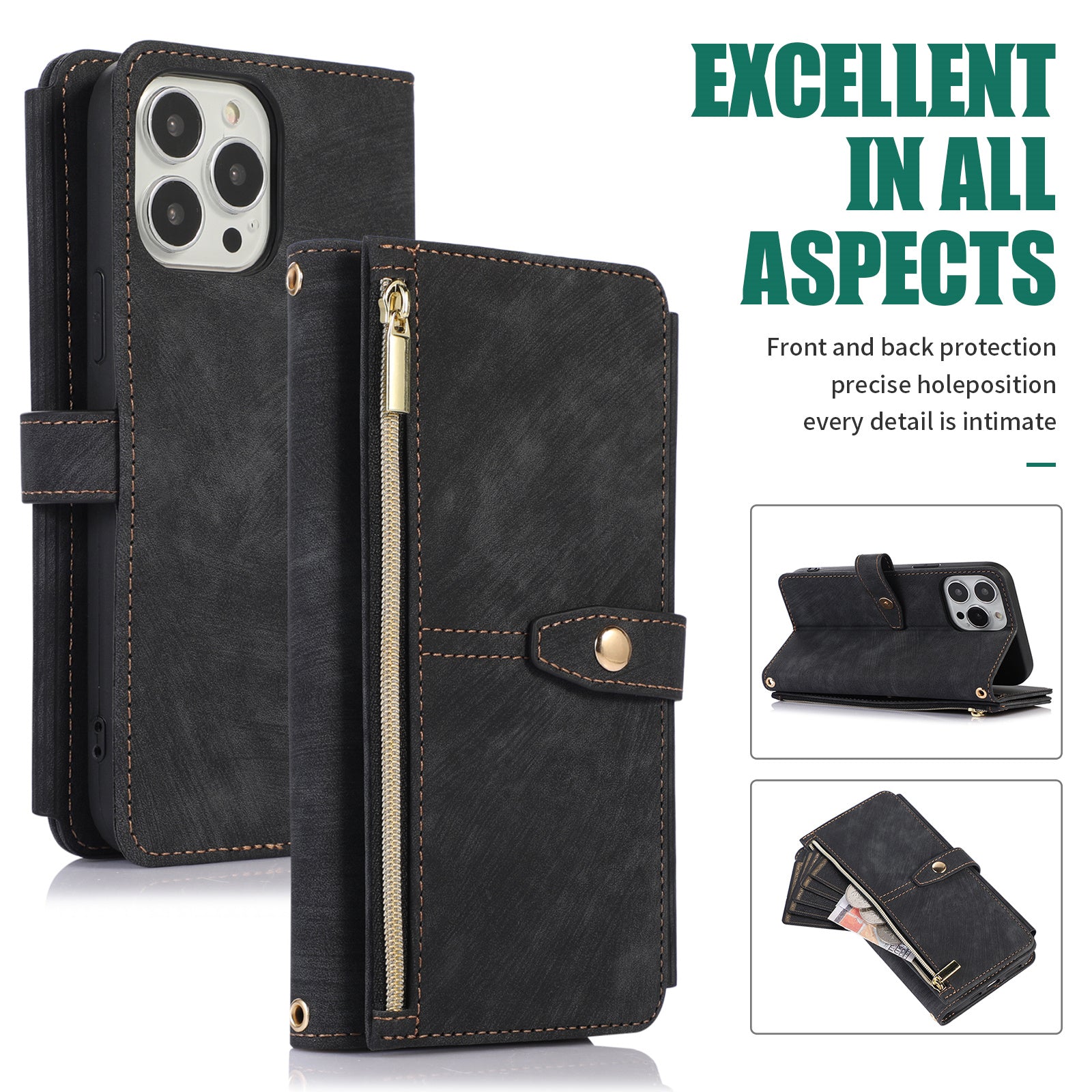 Luxury Crossbody Zipper Wallet Case – Leather Card Holder, Lanyard Strap, Magnetic Closure, Shockproof Flip Cover, Hands-Free Convenience for iPhone