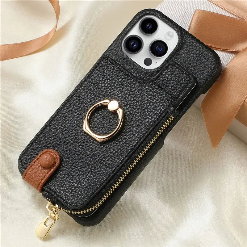 Luxury Leather Zipper Wallet Phone Case – Card Holder, Ring Kickstand, Shockproof Cover for iPhone Models