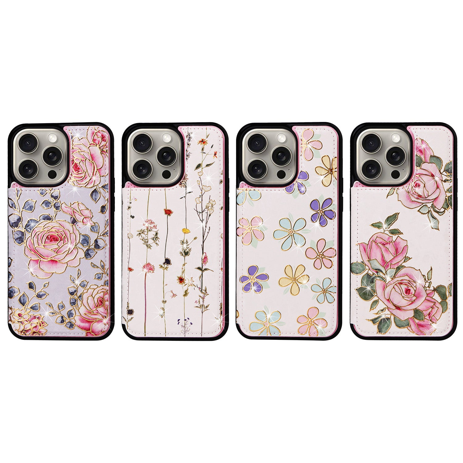 Hot Stamped Floral Wallet Case – Card Slots, Flip Cover, Magnetic Closure, Elegant Leather Design, Shockproof Protection for iPhone