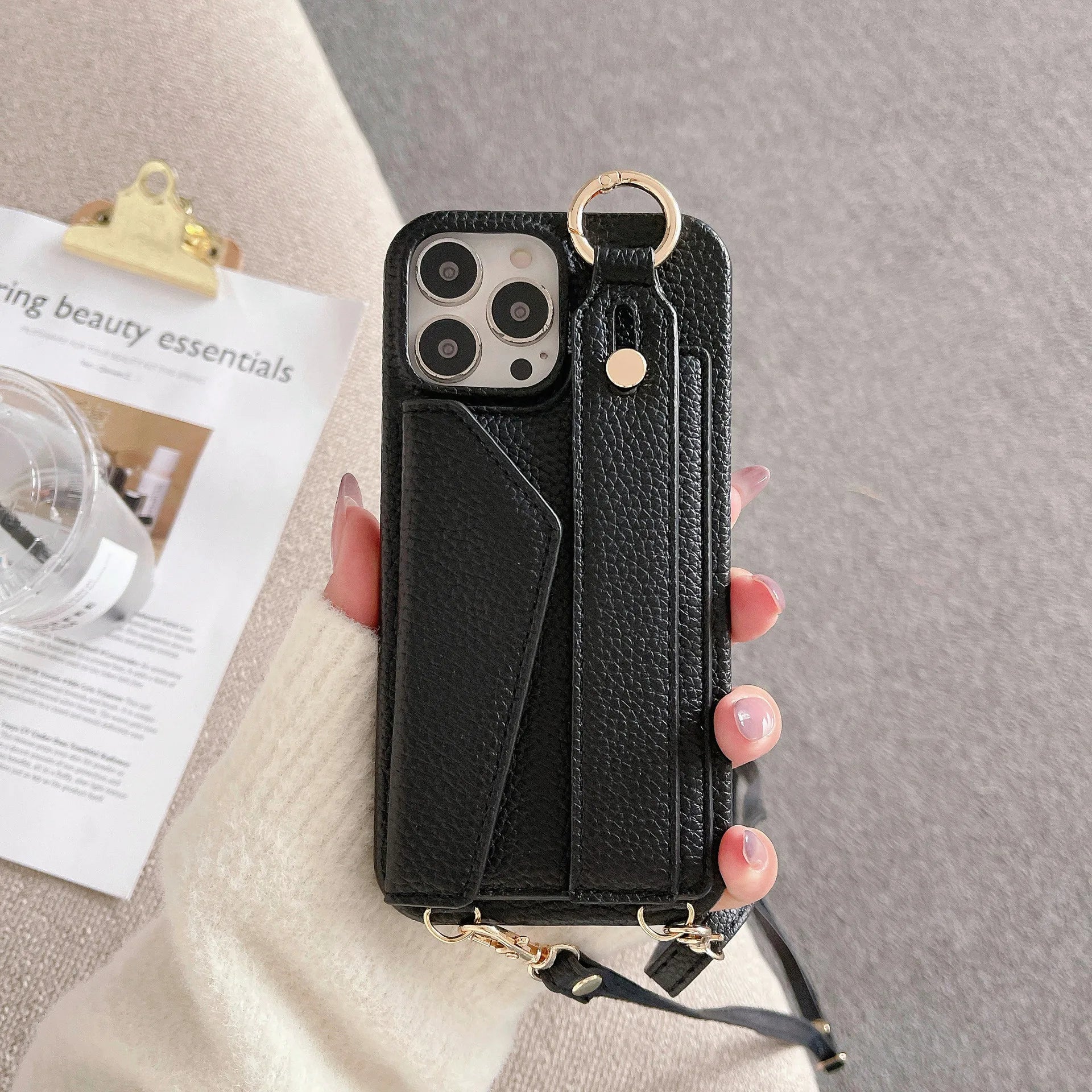 Luxury Crossbody Leather Wallet Case – Wrist Strap, Ring Holder, Card Slot, Shockproof Protection, Stylish Design for iPhone