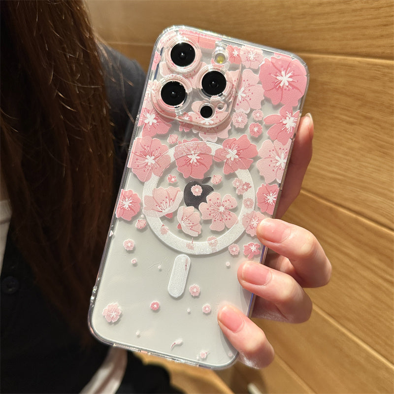 Transparent Floral MagSafe Case - Clear Shockproof Phone Cover with Magnetic Wireless Charging Compatibility Case for iPhone