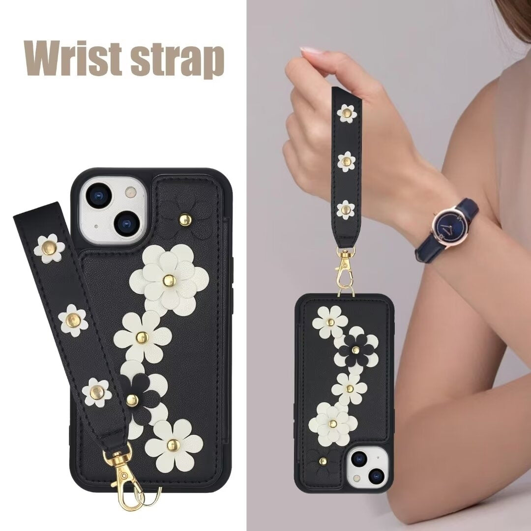 Luxury Crossbody Wallet Leather Phone Case – 3D Flower Design, Card Slot, Wrist Strap, Magnetic Closure, Protective Cover