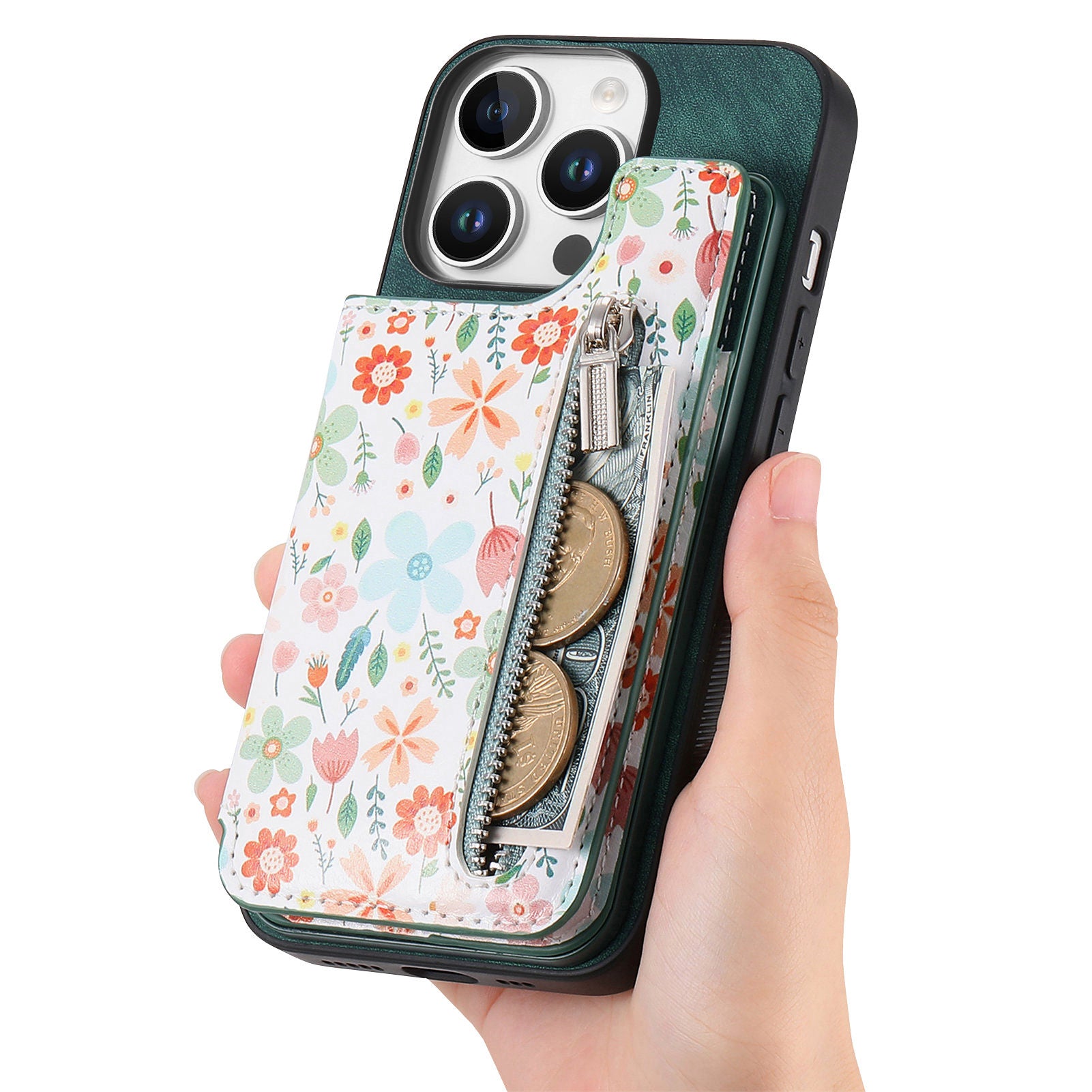 Zipper Card Slot Wallet Case – Magnetic Closure, Purse Pocket, Floral Design, Shockproof Protective Cover for iPhone